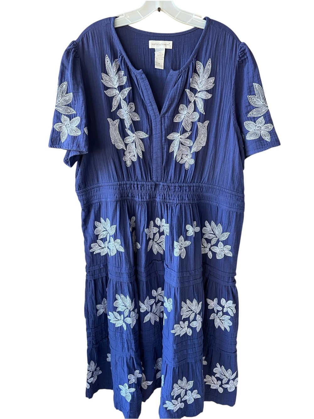 Draper’s & Damon’s Embroidered Floral Midi Dress in Periwinkle Blue Cotton Gauze